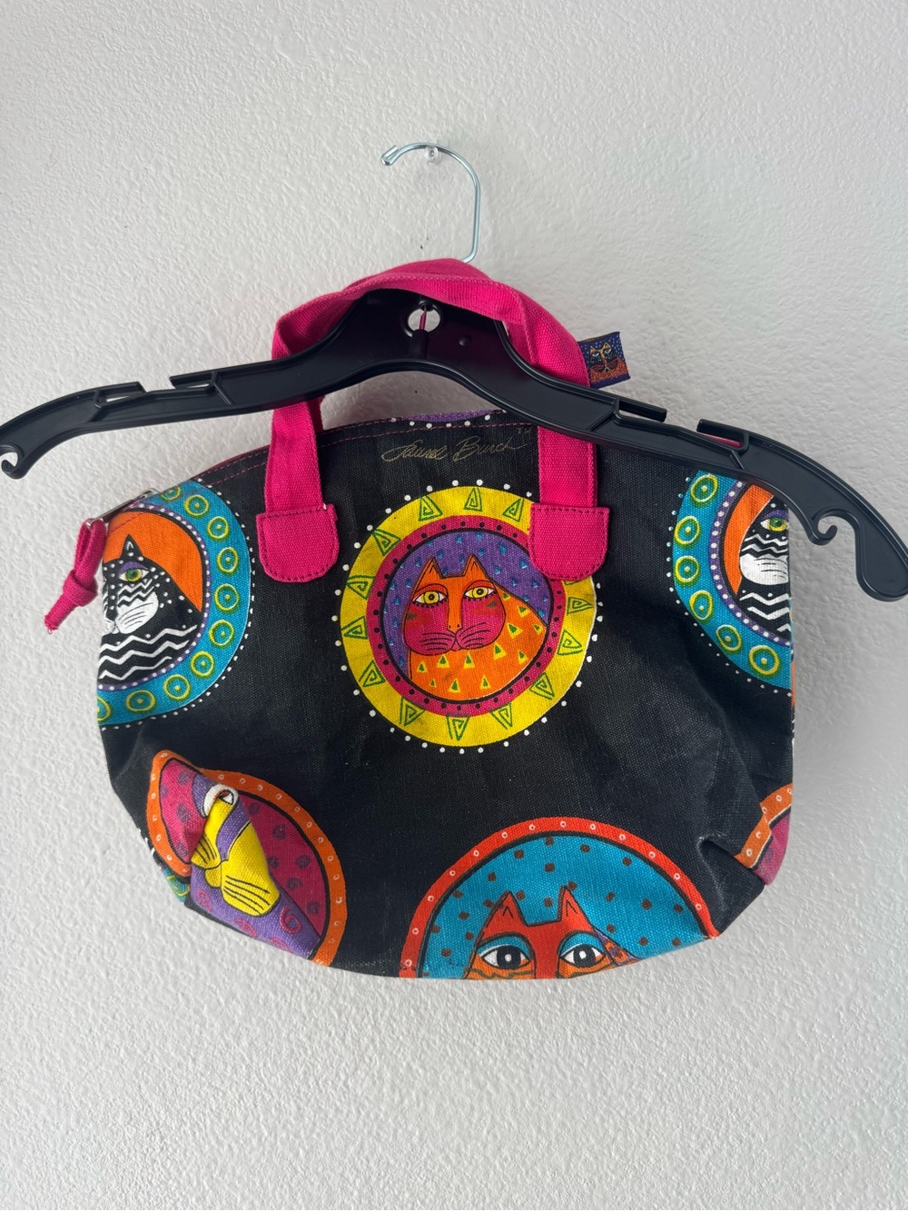 Vintage Laurel Burch Multicolor Cat Mini Bag— Red, Purple, Orange & Yellow